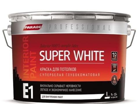 Краска для потолков PARADE PROFESSIONAL SUPER WHITE E1 2,7 л глубокоматовая база А супербелая