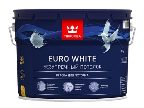 Краска для потолка TIKKURILA EURO WHITE 9 л глубокоматовая белоснежная