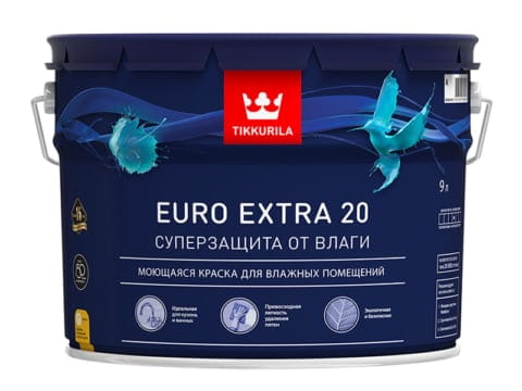 Краска моющаяся TIKKURILA EURO EXTRA 20 9 л для влажных помещений полуматовая база А белая