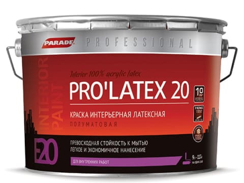 Краска интерьерная PARADE PROFESSIONAL PRO’LATEX Е20 9 л моющаяся латексная полуматовая база А белая